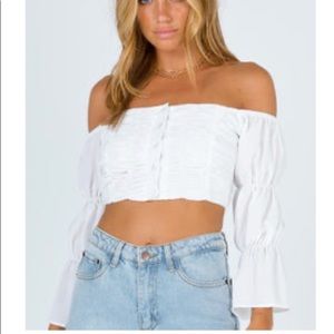 Princess Polly White Smocked Off the Shoulder Long Sleeve